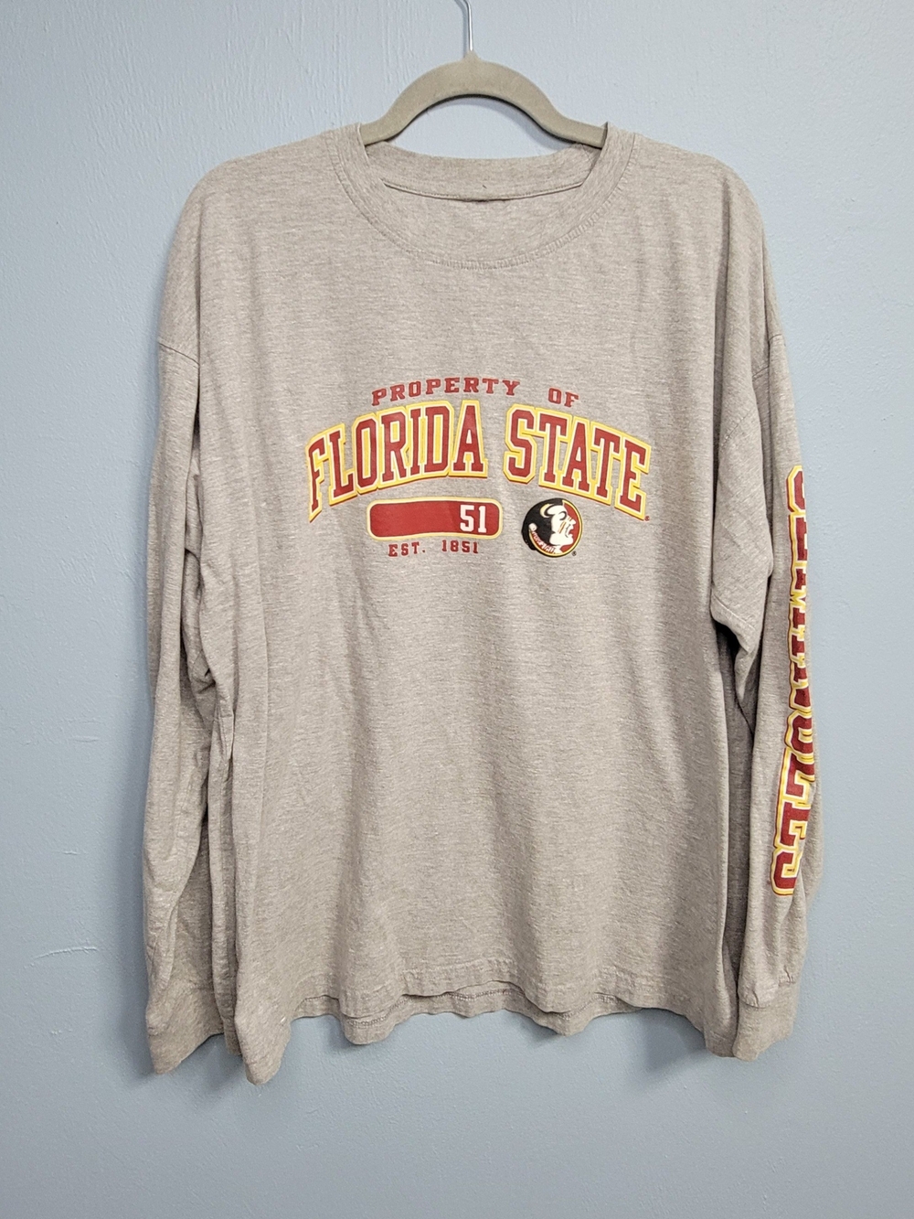 NCAA FSU Florida State University Mens Grey Long Sleeve Shirt Garnet & Gold L/XL